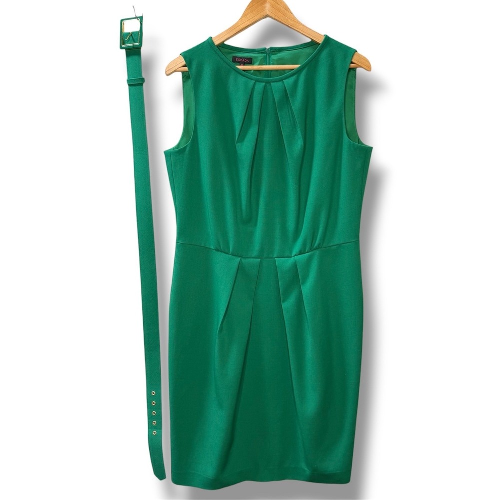 Escada Green Virgin Wool Sleeveless Pleated Sheath Dress & Belt EU 42 US 10/12